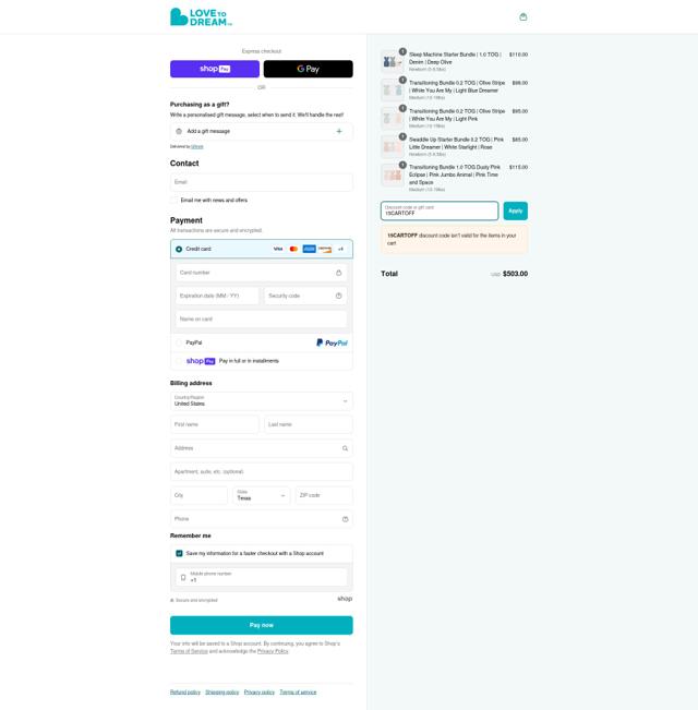 Love to Dream checkout page showing Love to Dream discount code box | Screenshot taken by SimplyCodes community member on Jun 26, 2025