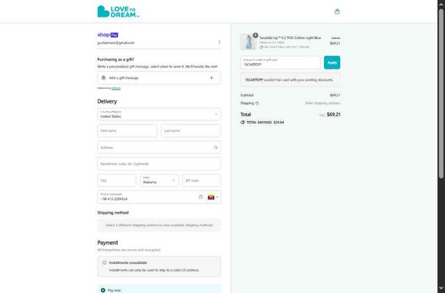 Love to Dream checkout page showing Love to Dream discount code box | Screenshot taken by SimplyCodes community member on Jul 13, 2025