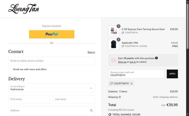 Loving Tan checkout page showing Loving Tan promo code box | Screenshot taken by SimplyCodes community member on Sep 12, 2025