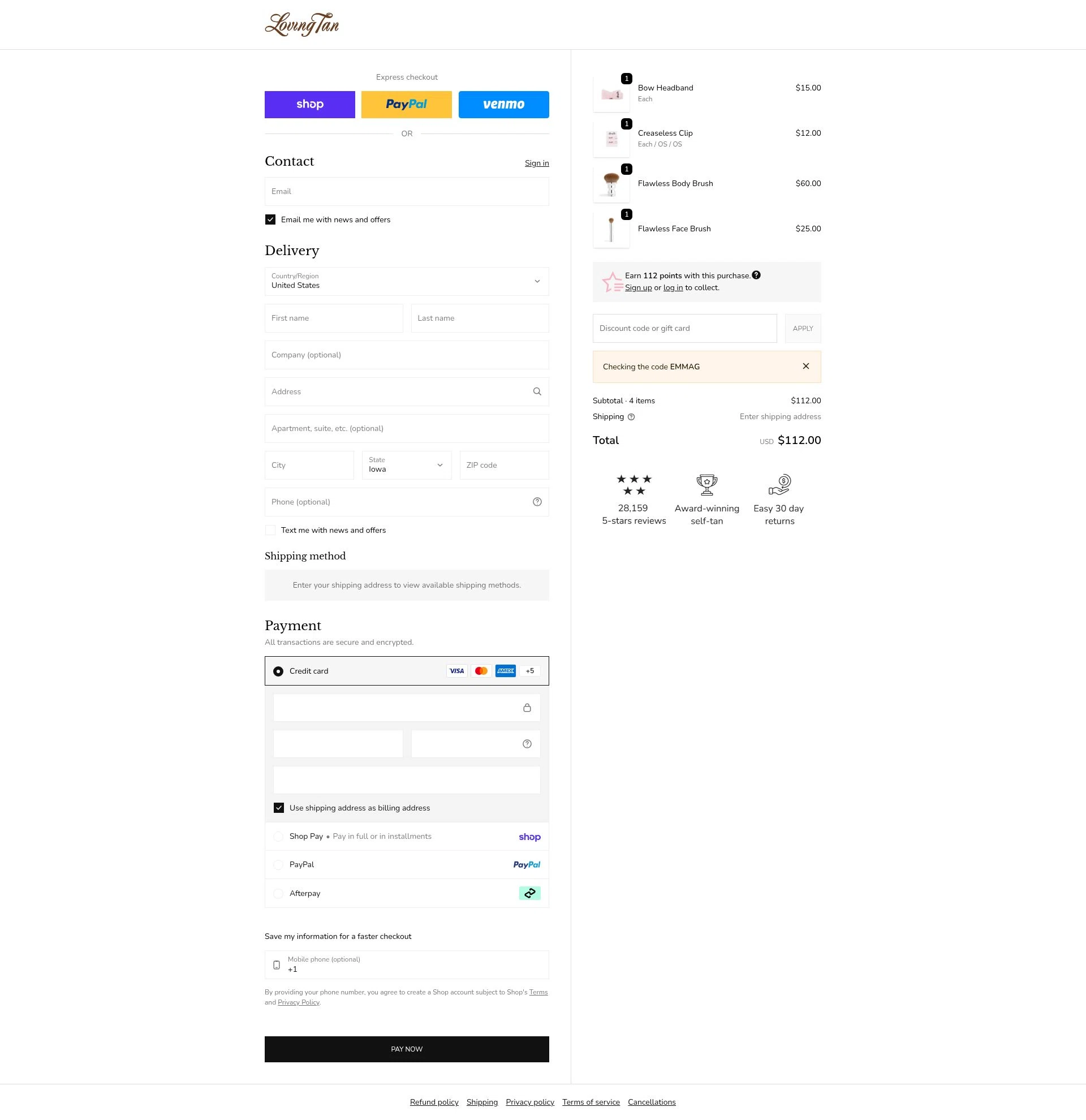 Loving Tan US checkout page showing Loving Tan US promo code box | Screenshot taken by SimplyCodes community member on Feb 8, 2026