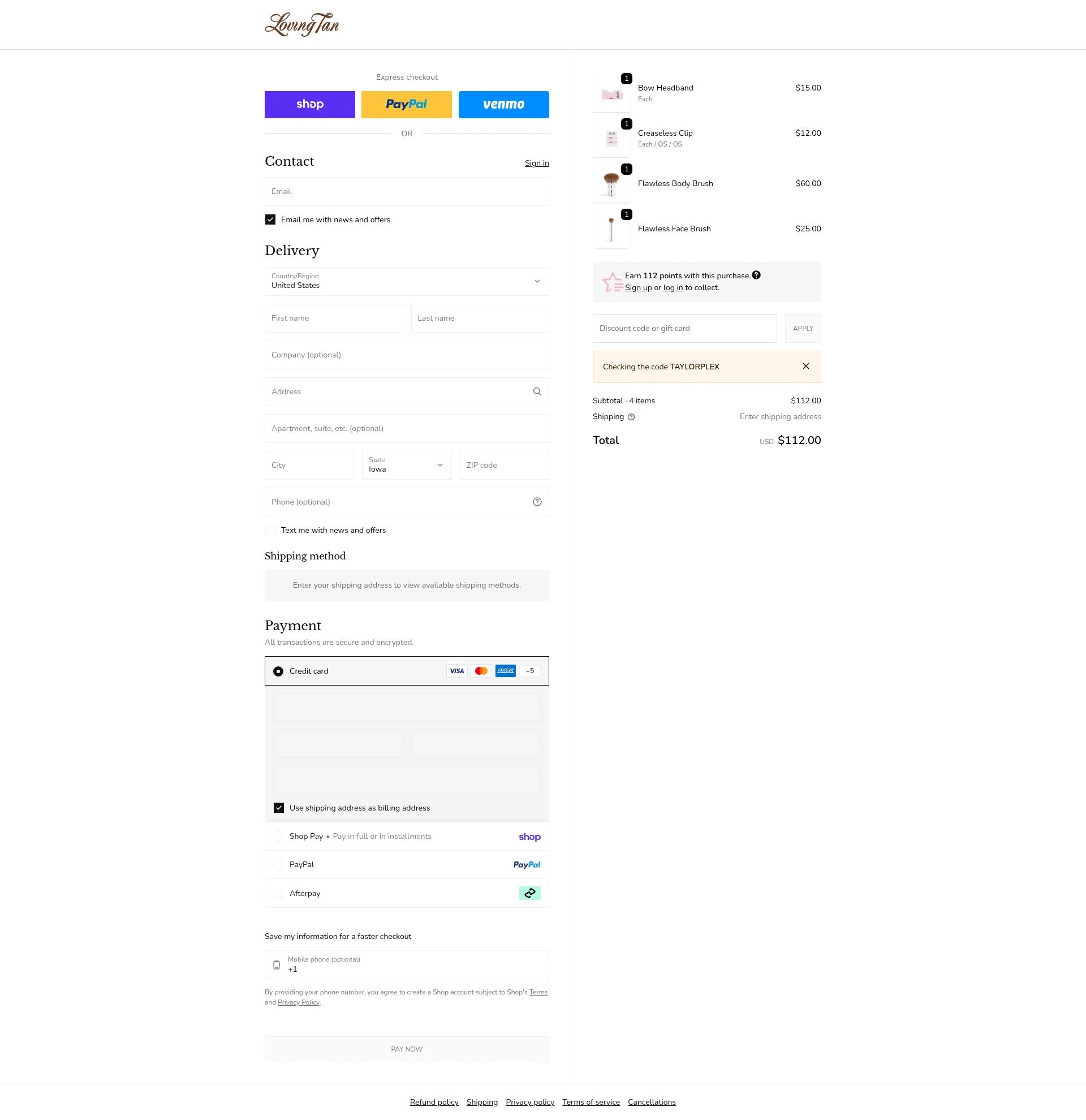 Loving Tan US checkout page showing Loving Tan US promo code box | Screenshot taken by SimplyCodes community member on Feb 8, 2026
