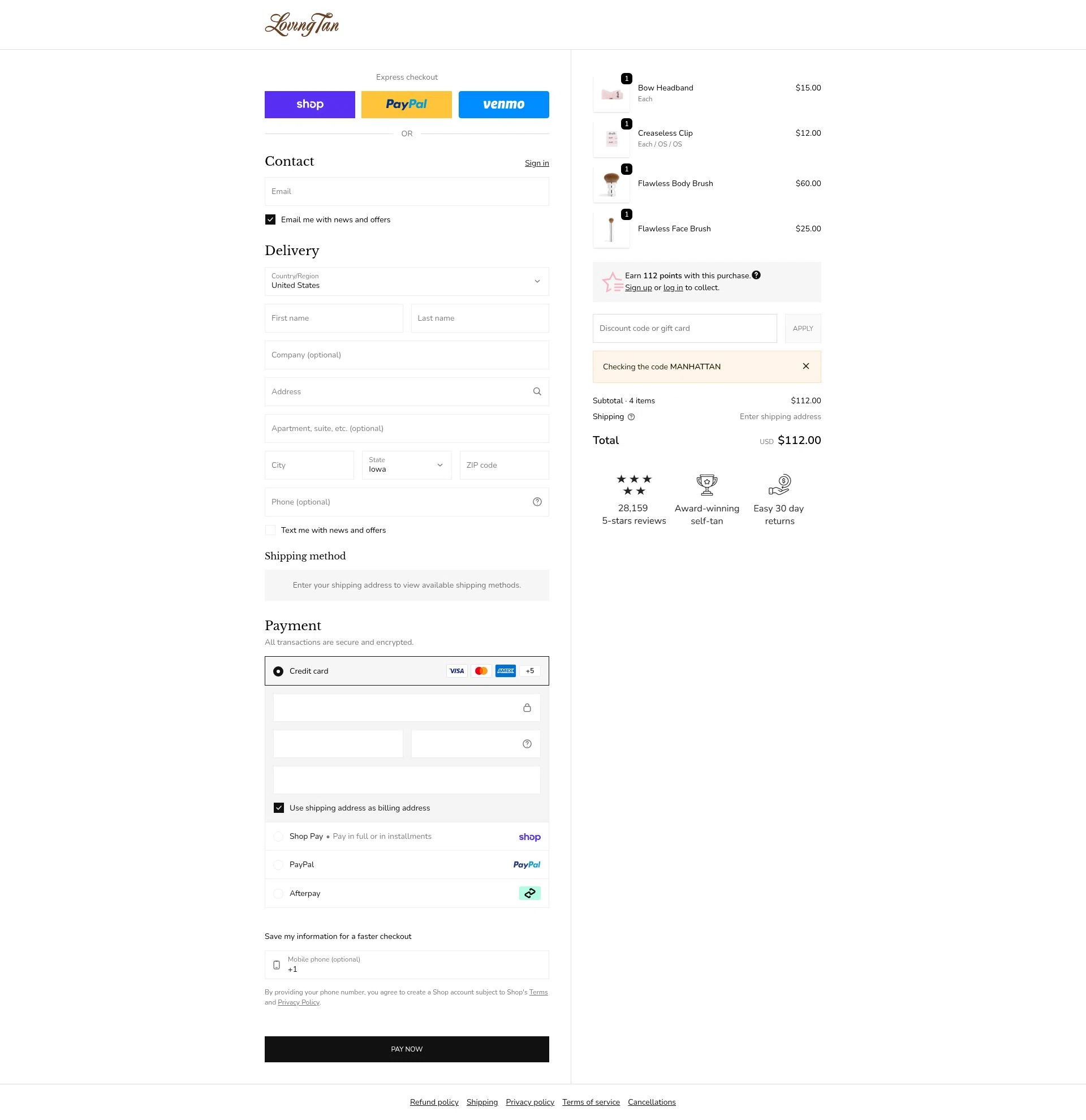 Loving Tan US checkout page showing Loving Tan US promo code box | Screenshot taken by SimplyCodes community member on Feb 8, 2026
