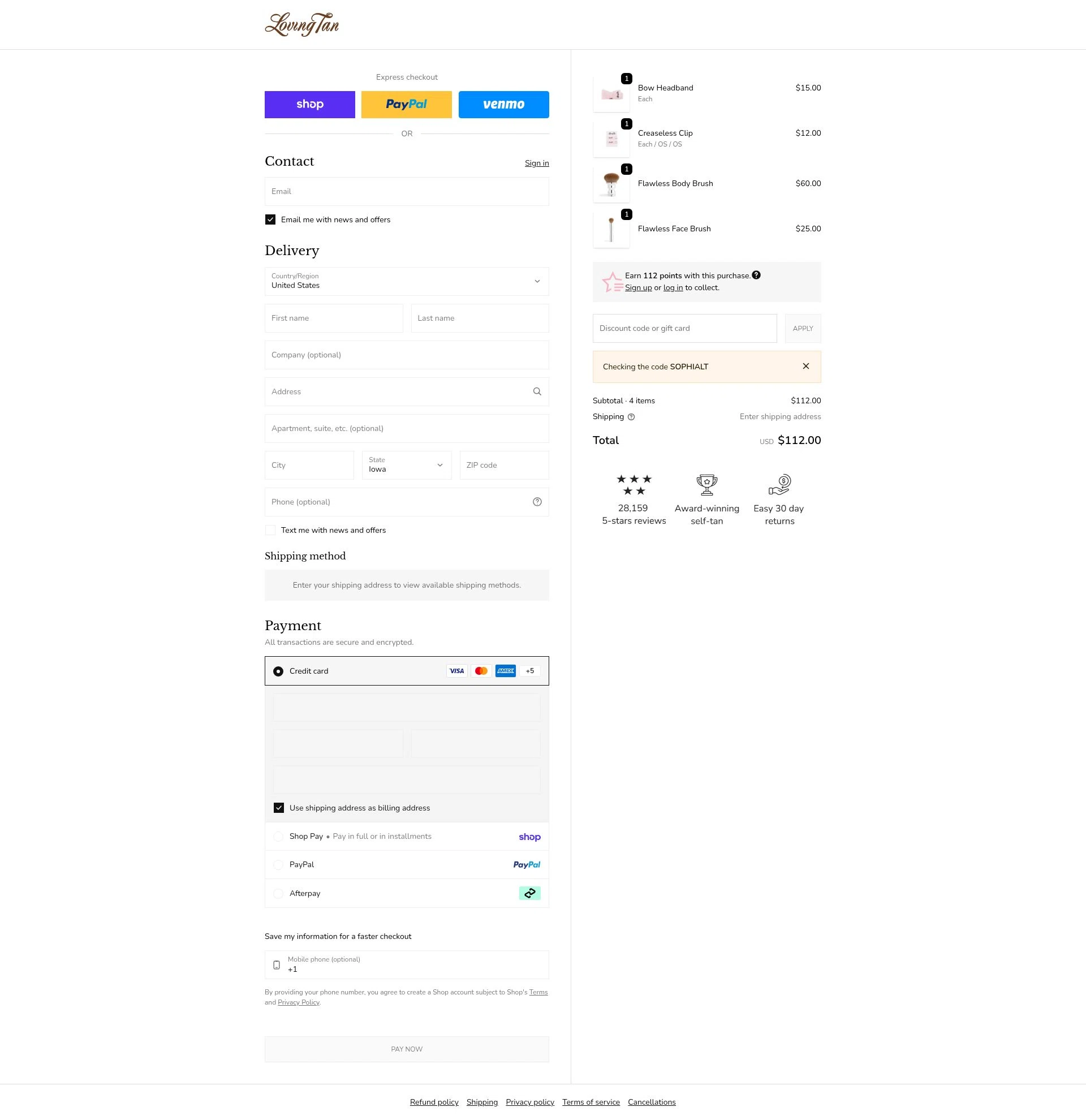 Loving Tan US checkout page showing Loving Tan US promo code box | Screenshot taken by SimplyCodes community member on Feb 8, 2026