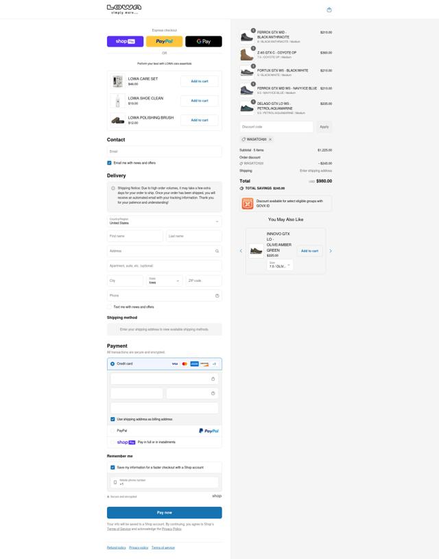 Lowa Boots checkout page showing Lowa Boots coupon code box | Screenshot taken by SimplyCodes community member on Jul 26, 2025