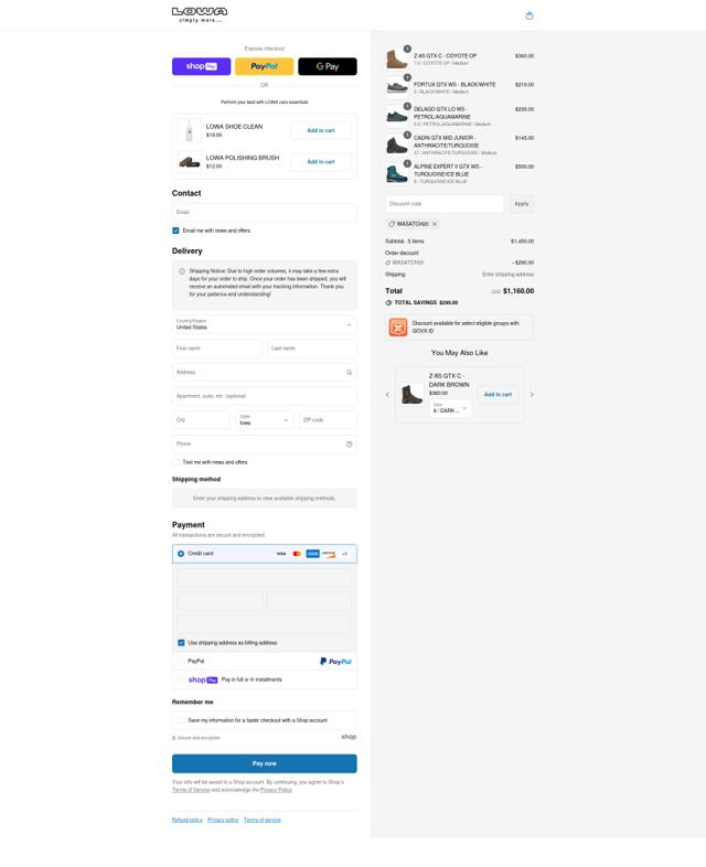 Lowa Boots checkout page showing Lowa Boots coupon code box | Screenshot taken by SimplyCodes community member on Jul 22, 2025