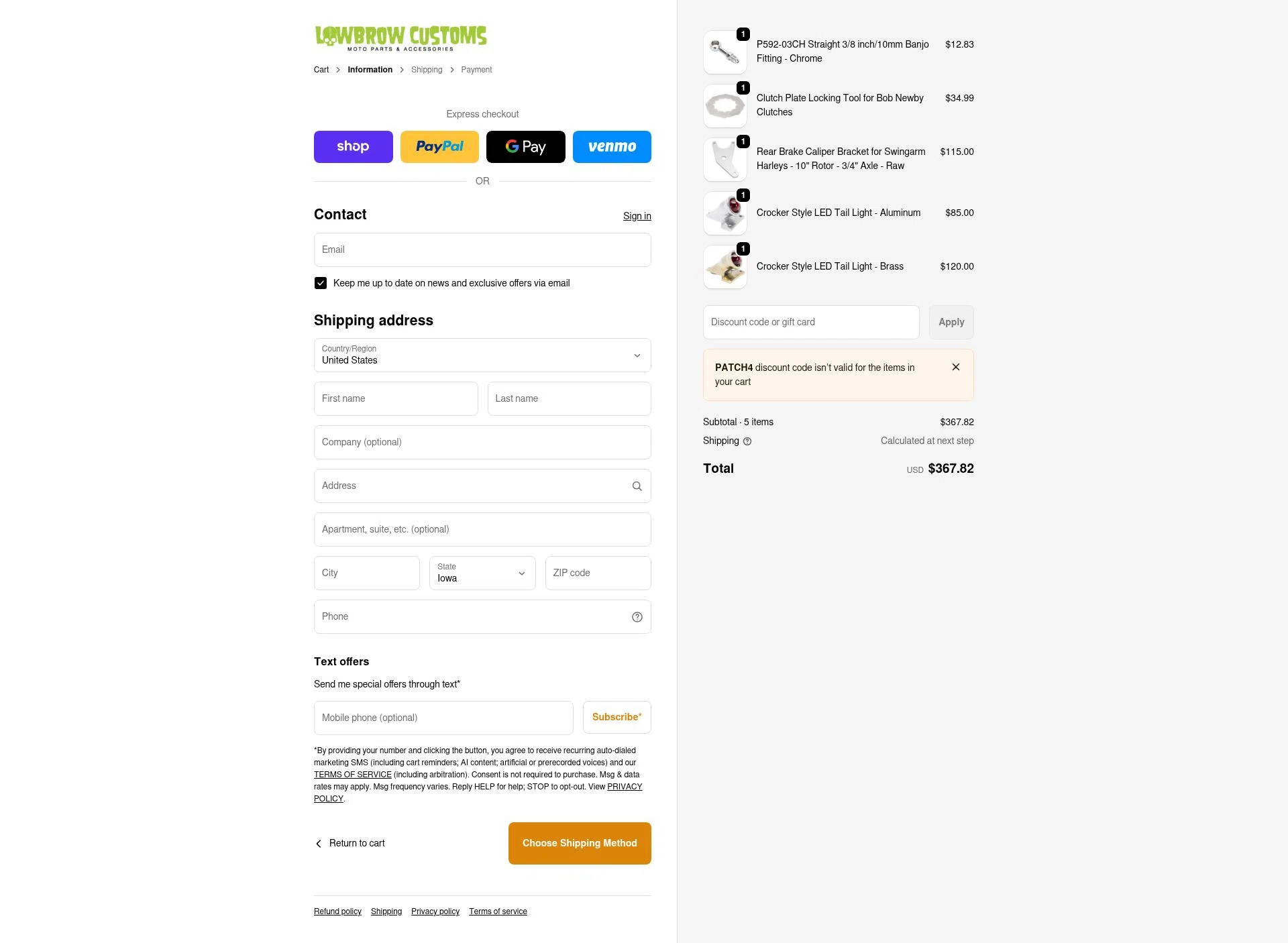 Lowbrow Customs checkout page showing Lowbrow Customs discount code box | Screenshot taken by SimplyCodes community member on Feb 9, 2026
