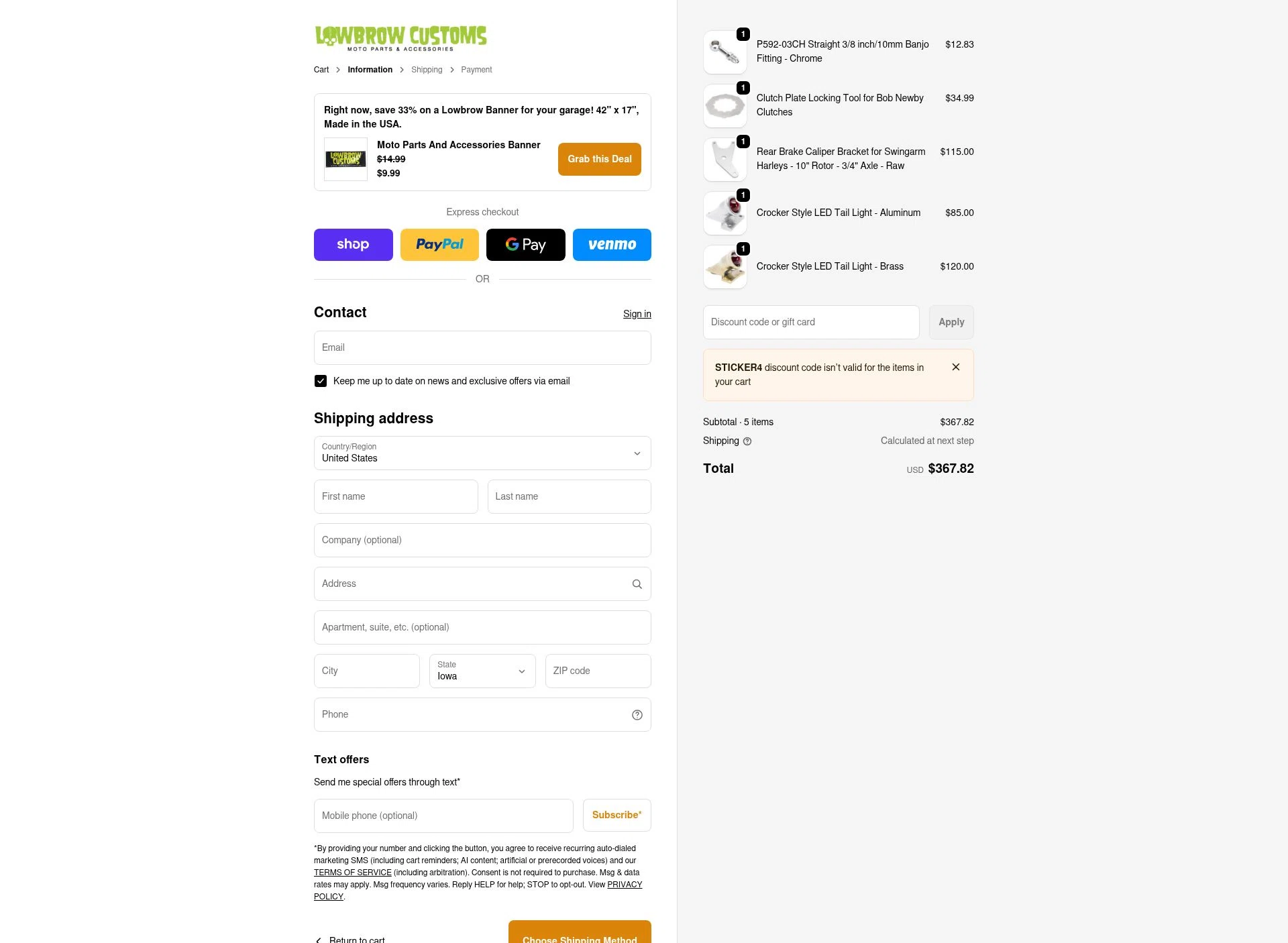 Lowbrow Customs checkout page showing Lowbrow Customs discount code box | Screenshot taken by SimplyCodes community member on Feb 9, 2026