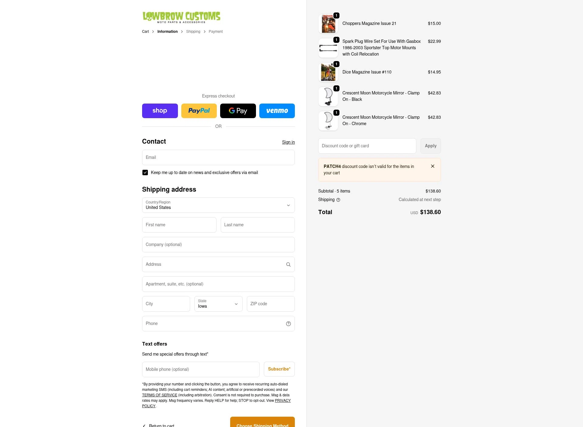 Lowbrow Customs checkout page showing Lowbrow Customs discount code box | Screenshot taken by SimplyCodes community member on Feb 5, 2026