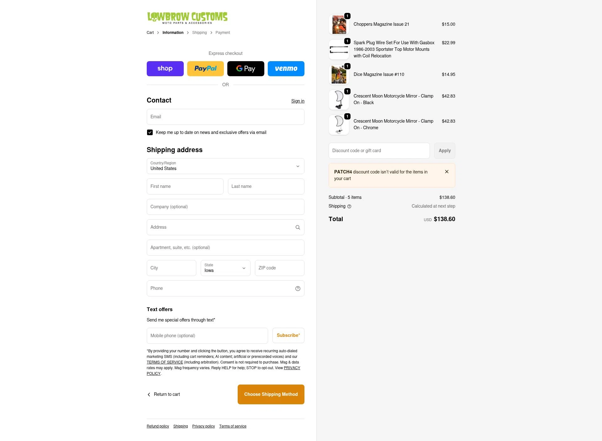 Lowbrow Customs checkout page showing Lowbrow Customs discount code box | Screenshot taken by SimplyCodes community member on Jan 31, 2026