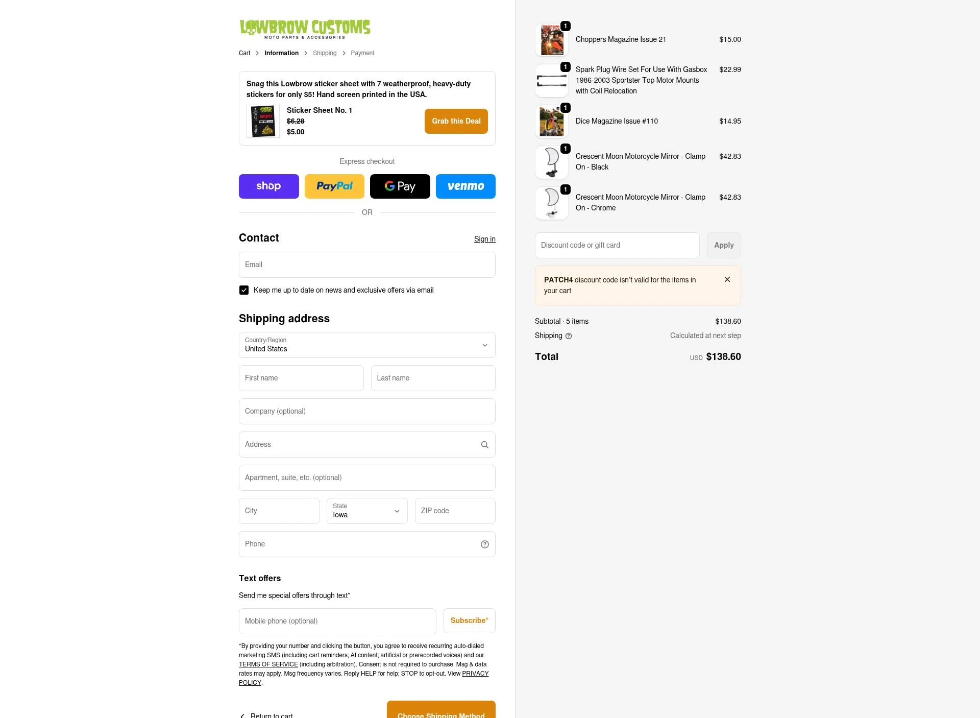 Lowbrow Customs checkout page showing Lowbrow Customs discount code box | Screenshot taken by SimplyCodes community member on Jan 27, 2026