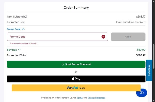 Lowe's checkout page showing Lowe's promo code box | Screenshot taken by SimplyCodes community member on May 18, 2025
