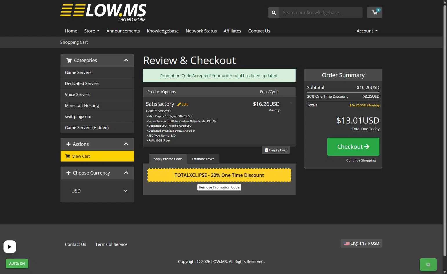 LOW.MS checkout page showing LOW.MS promo code box | Screenshot taken by SimplyCodes community member on Feb 15, 2026