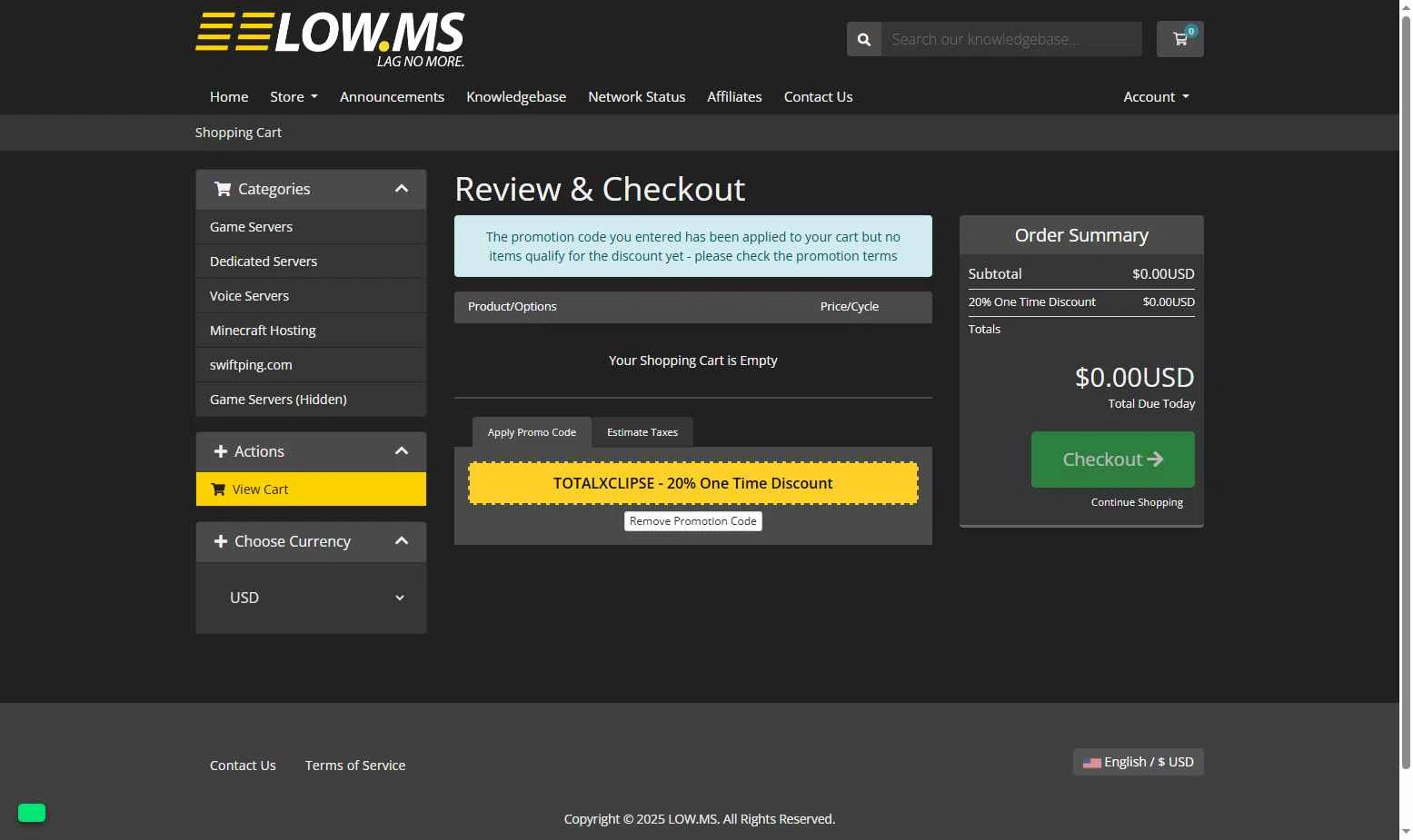 LOW.MS checkout page showing LOW.MS promo code box | Screenshot taken by SimplyCodes community member on Aug 25, 2025