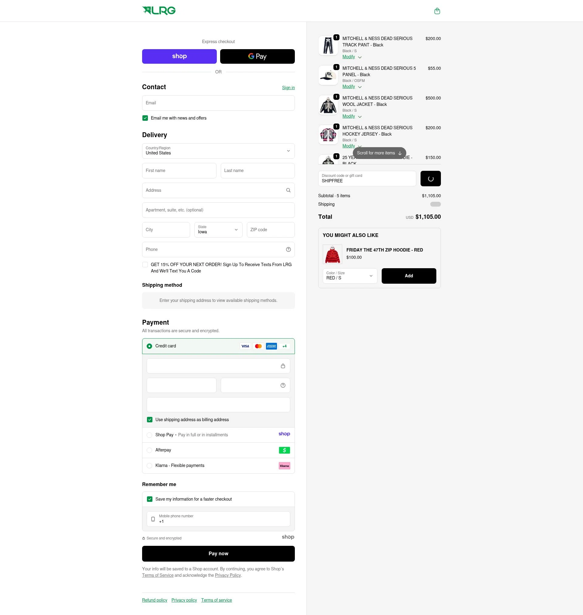 LRG Clothing checkout page showing LRG Clothing discount code box | Screenshot taken by SimplyCodes community member on Dec 28, 2025
