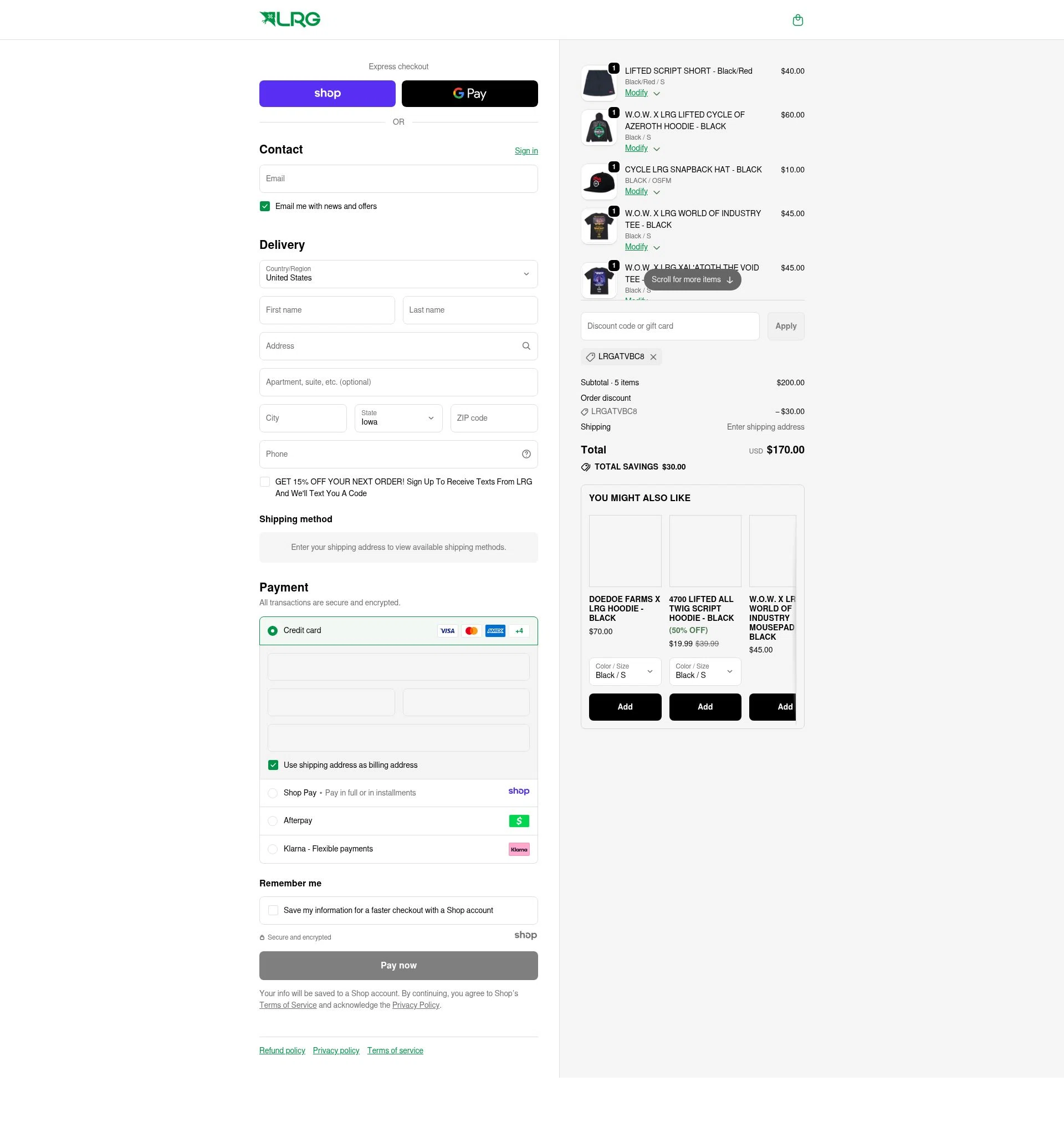 LRG Clothing checkout page showing LRG Clothing discount code box | Screenshot taken by SimplyCodes community member on Dec 11, 2025