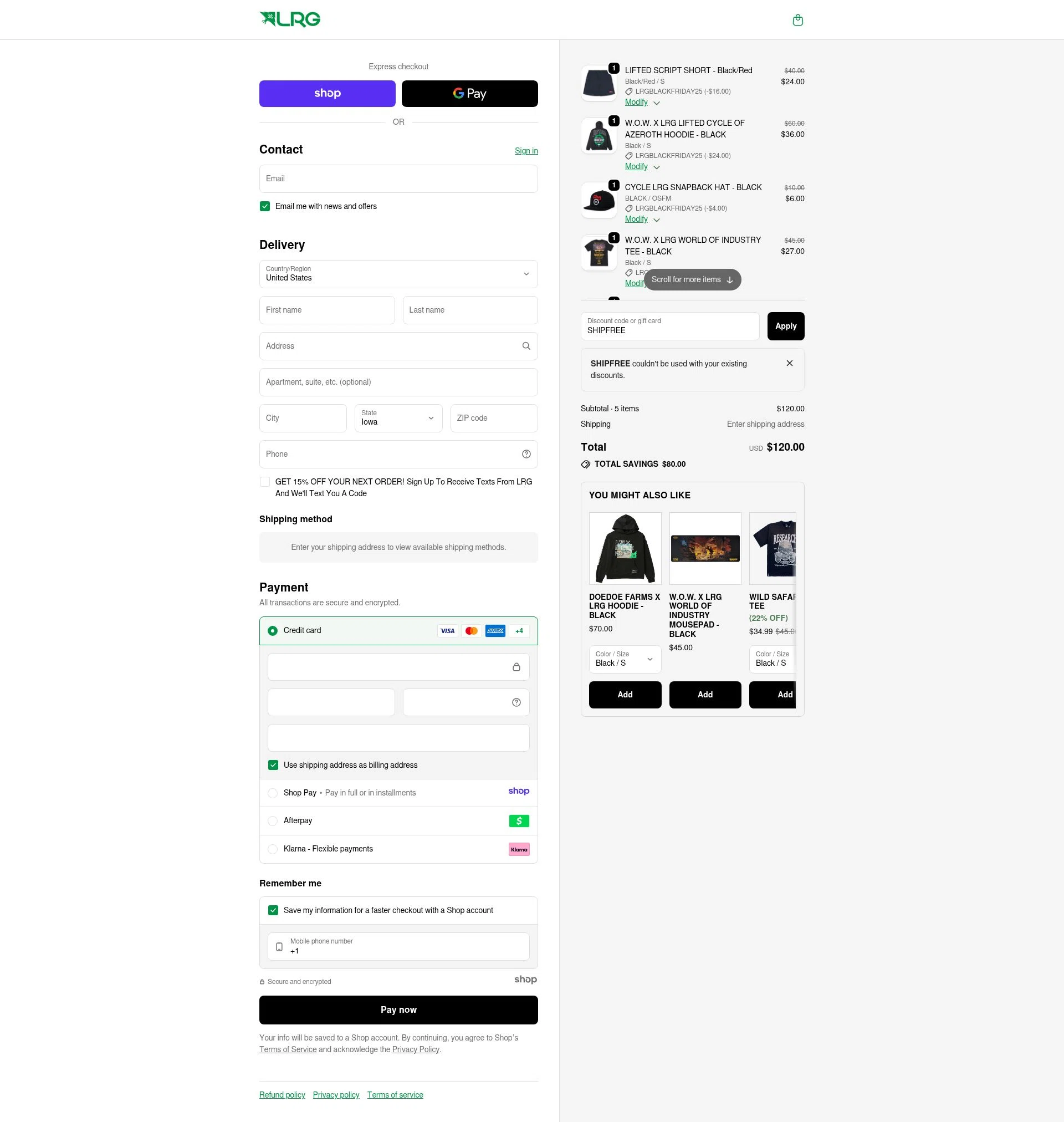 LRG Clothing checkout page showing LRG Clothing discount code box | Screenshot taken by SimplyCodes community member on Nov 30, 2025
