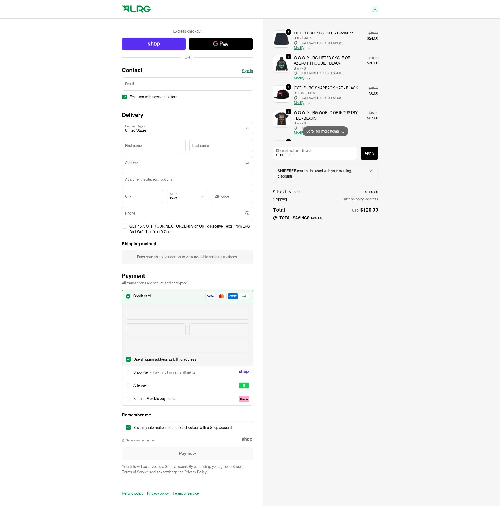 LRG Clothing checkout page showing LRG Clothing discount code box | Screenshot taken by SimplyCodes community member on Dec 5, 2025