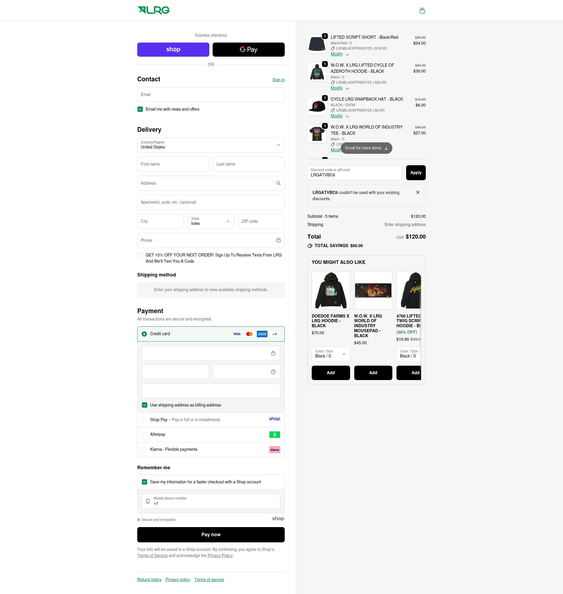LRG Clothing checkout page showing LRG Clothing discount code box | Screenshot taken by SimplyCodes community member on Dec 5, 2025