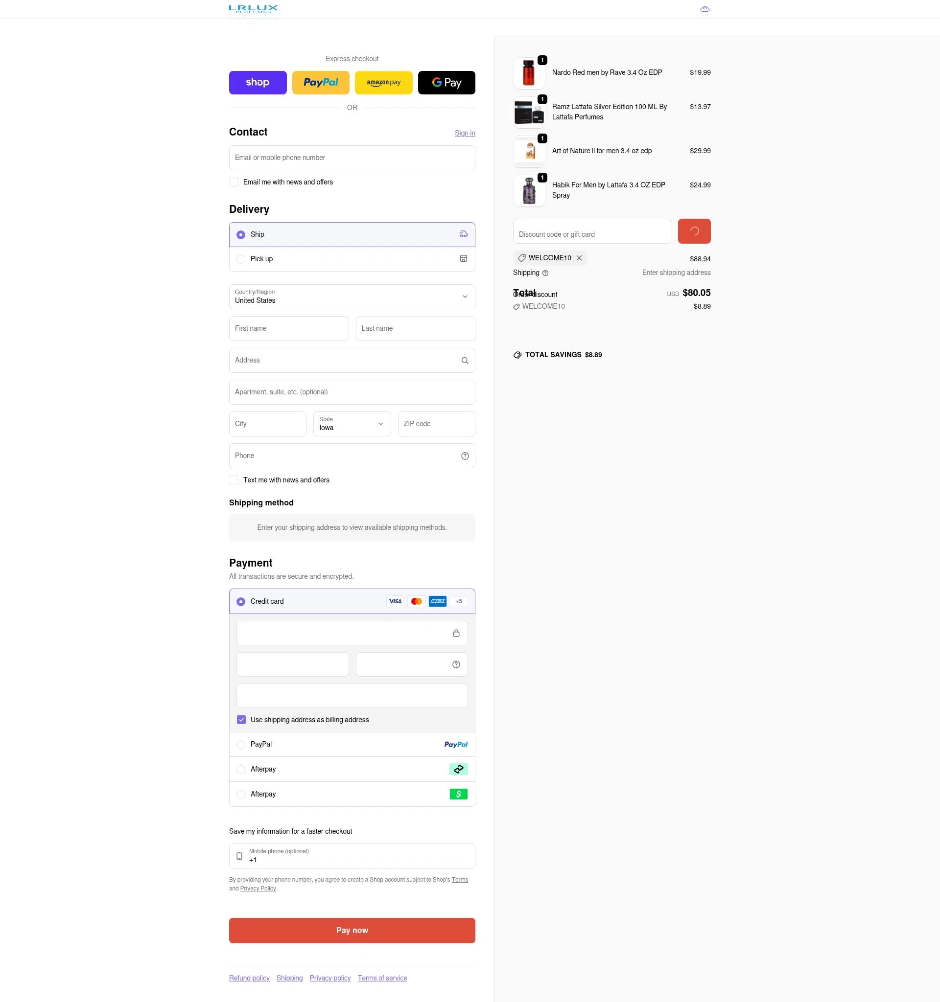 Lrlux.com checkout page showing Lrlux.com promo code box | Screenshot taken by SimplyCodes community member on Feb 8, 2026