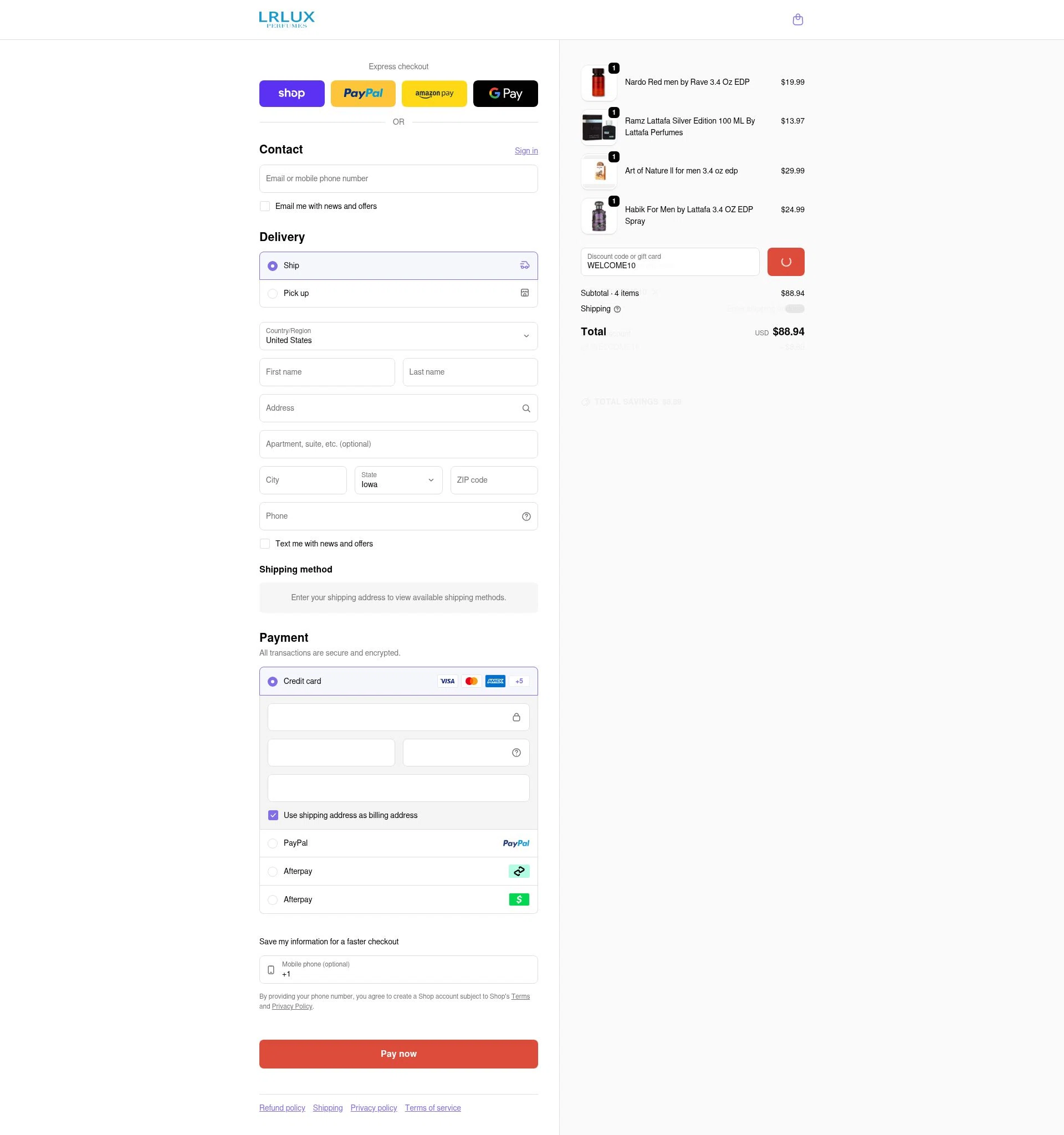 Lrlux.com checkout page showing Lrlux.com promo code box | Screenshot taken by SimplyCodes community member on Jan 31, 2026