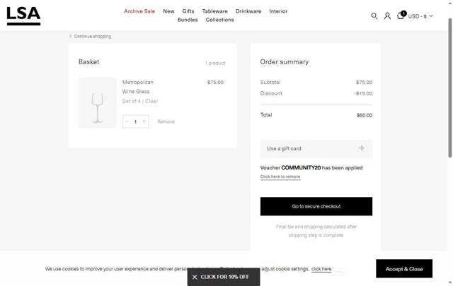 LSA International checkout page showing LSA International promo code box | Screenshot taken by SimplyCodes community member on Aug 8, 2025