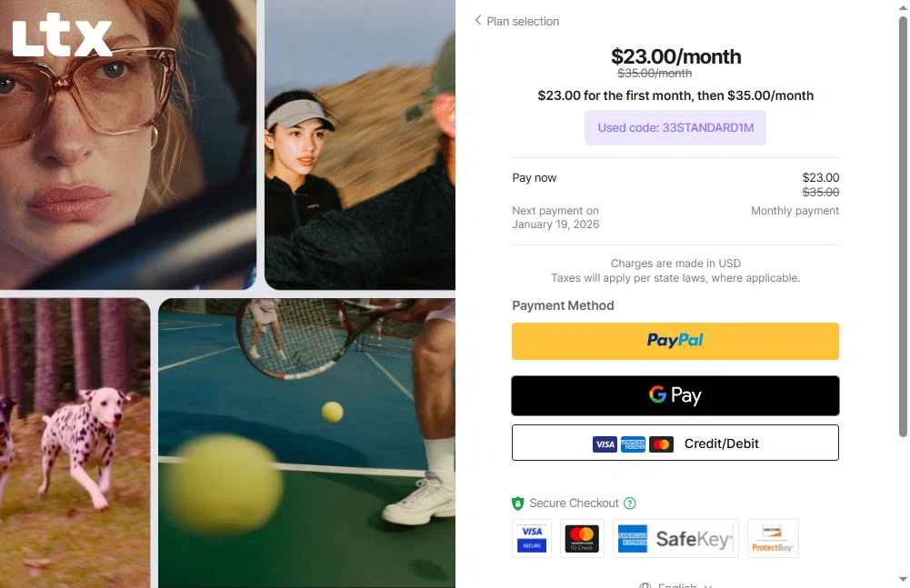 LTX Studio checkout page showing LTX Studio promo code box | Screenshot taken by SimplyCodes community member on Dec 19, 2025