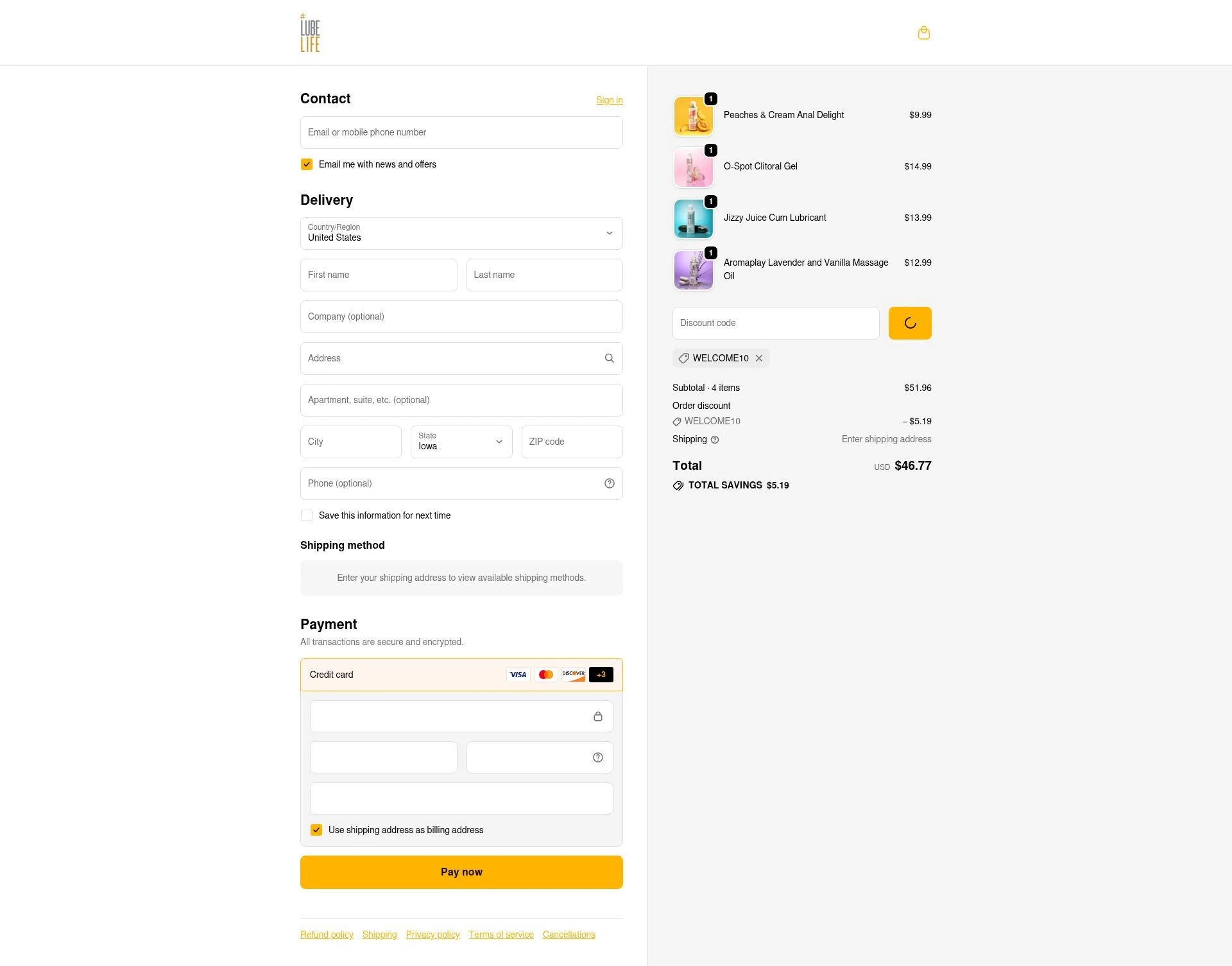 Lubelife checkout page showing Lubelife promo code box | Screenshot taken by SimplyCodes community member on Dec 17, 2025