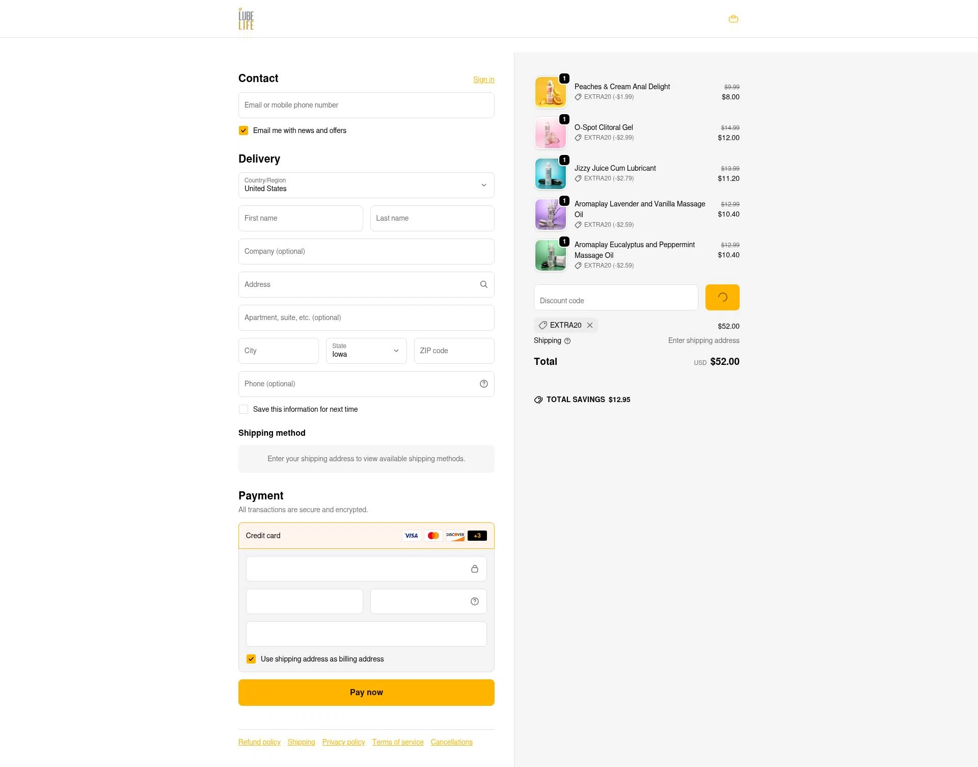 Lubelife checkout page showing Lubelife promo code box | Screenshot taken by SimplyCodes community member on Dec 23, 2025