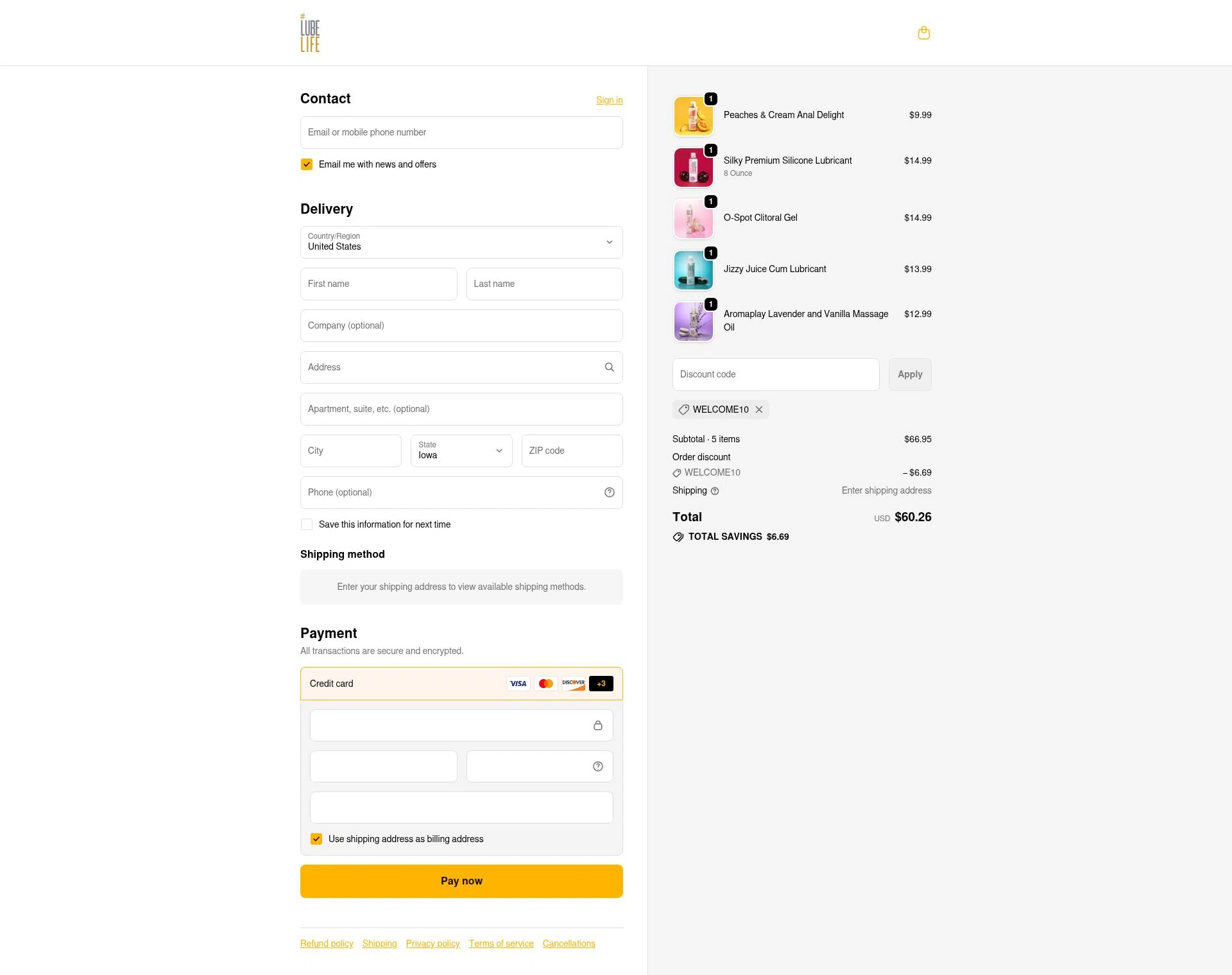 Lubelife checkout page showing Lubelife promo code box | Screenshot taken by SimplyCodes community member on Dec 11, 2025