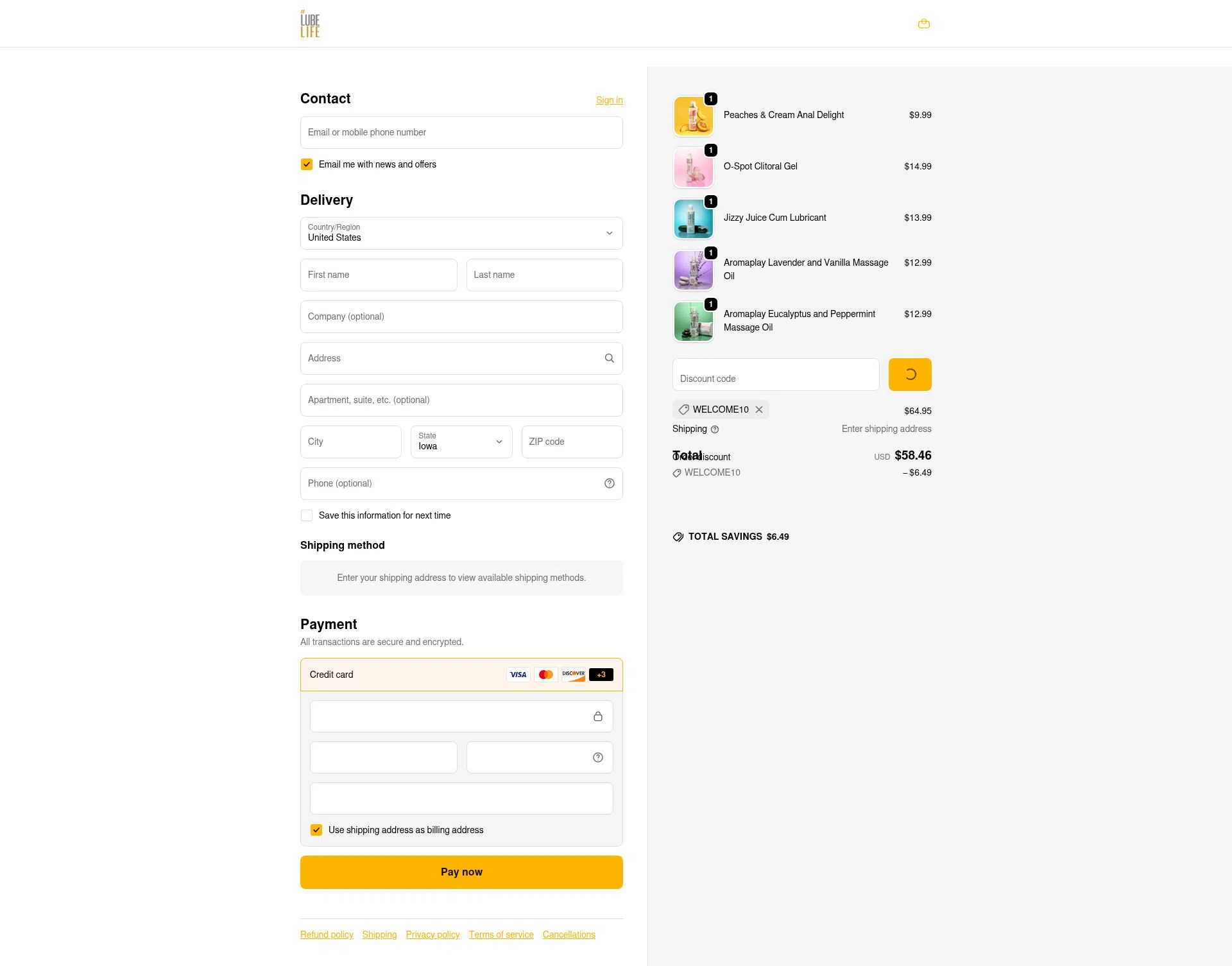 Lubelife checkout page showing Lubelife promo code box | Screenshot taken by SimplyCodes community member on Dec 28, 2025