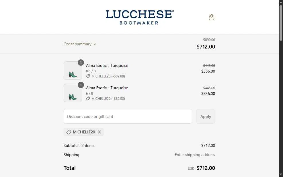 Lucchese checkout page showing Lucchese discount code box | Screenshot taken by SimplyCodes community member on May 15, 2025