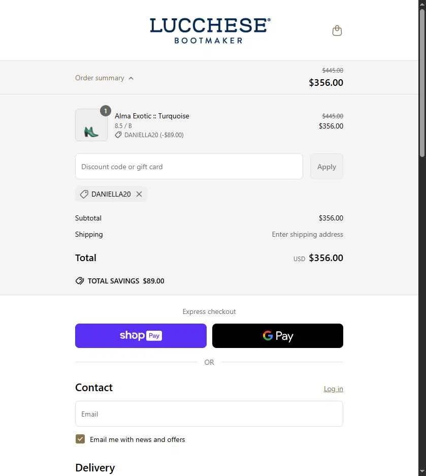 Lucchese checkout page showing Lucchese discount code box | Screenshot taken by SimplyCodes community member on May 15, 2025