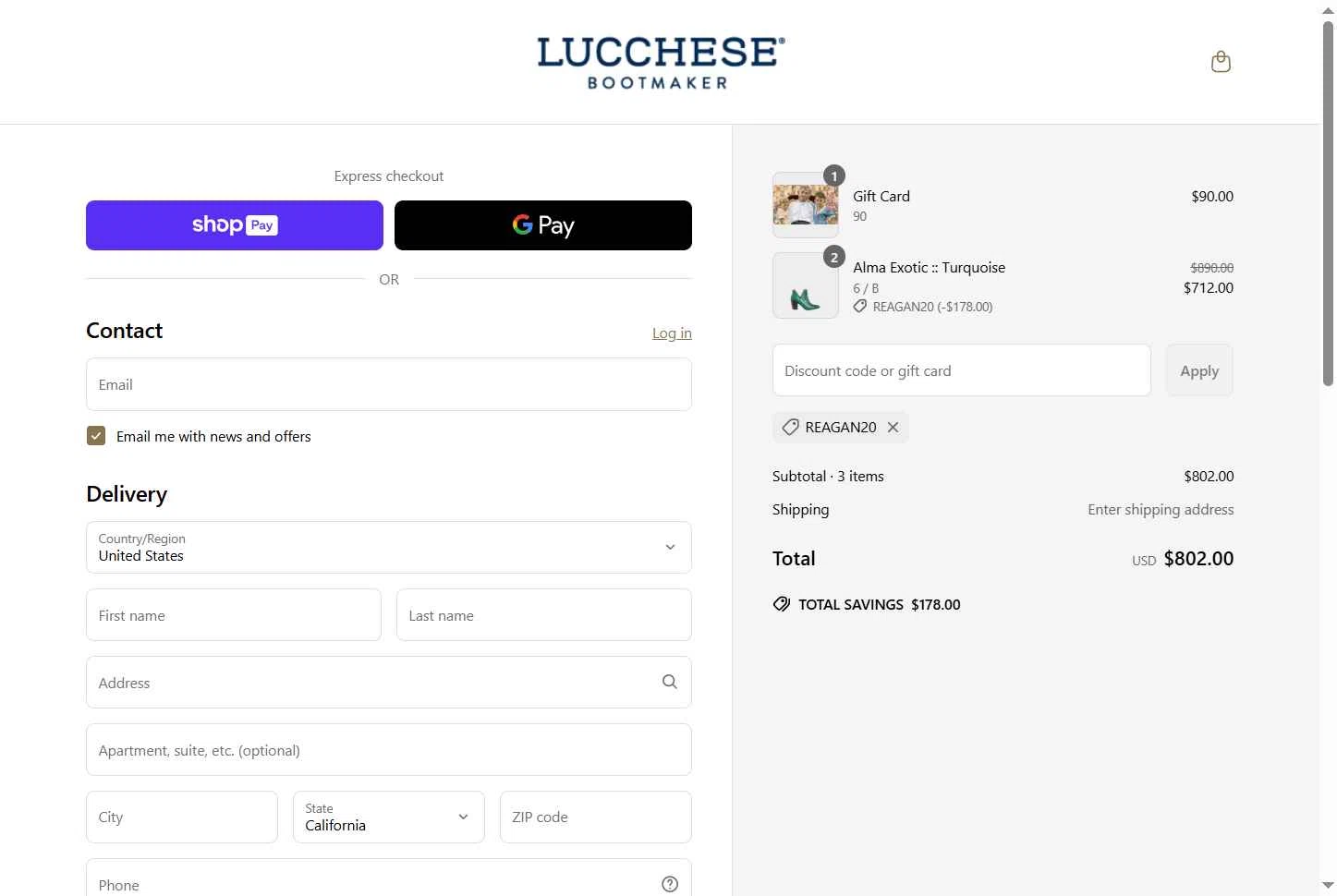 Lucchese checkout page showing Lucchese discount code box | Screenshot taken by SimplyCodes community member on May 30, 2025