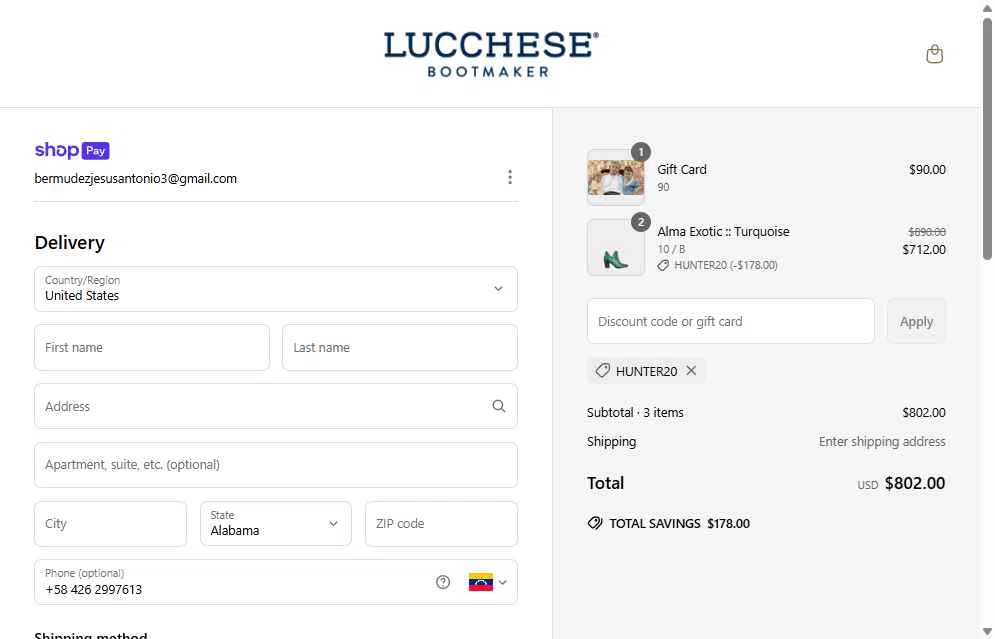 Lucchese checkout page showing Lucchese discount code box | Screenshot taken by SimplyCodes community member on May 30, 2025