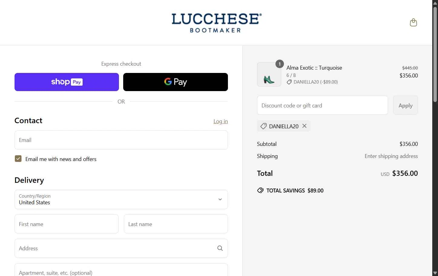 Lucchese checkout page showing Lucchese discount code box | Screenshot taken by SimplyCodes community member on May 30, 2025