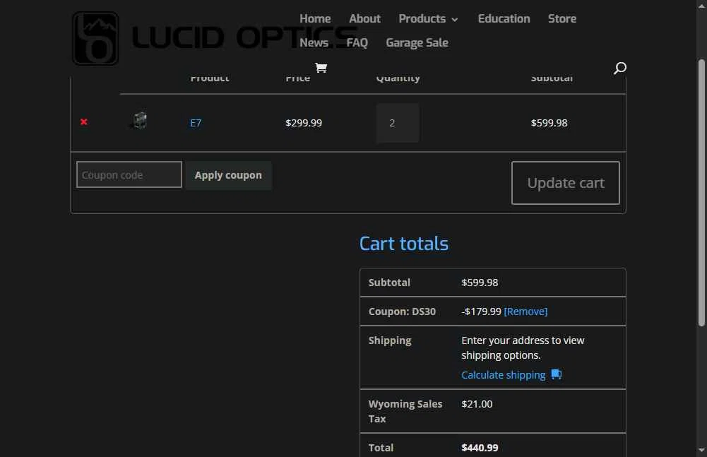 Lucid Optics checkout page showing Lucid Optics promo code box | Screenshot taken by SimplyCodes community member on Jul 14, 2025