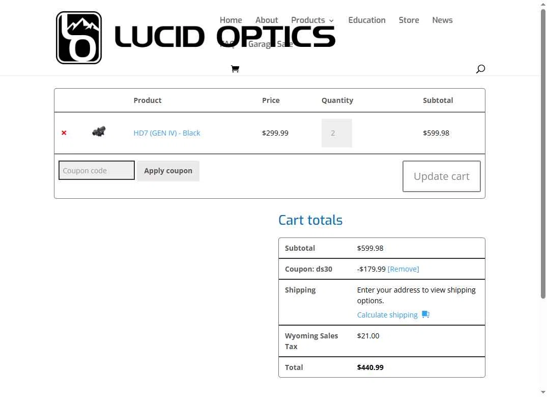 Lucid Optics checkout page showing Lucid Optics promo code box | Screenshot taken by SimplyCodes community member on Jan 4, 2026