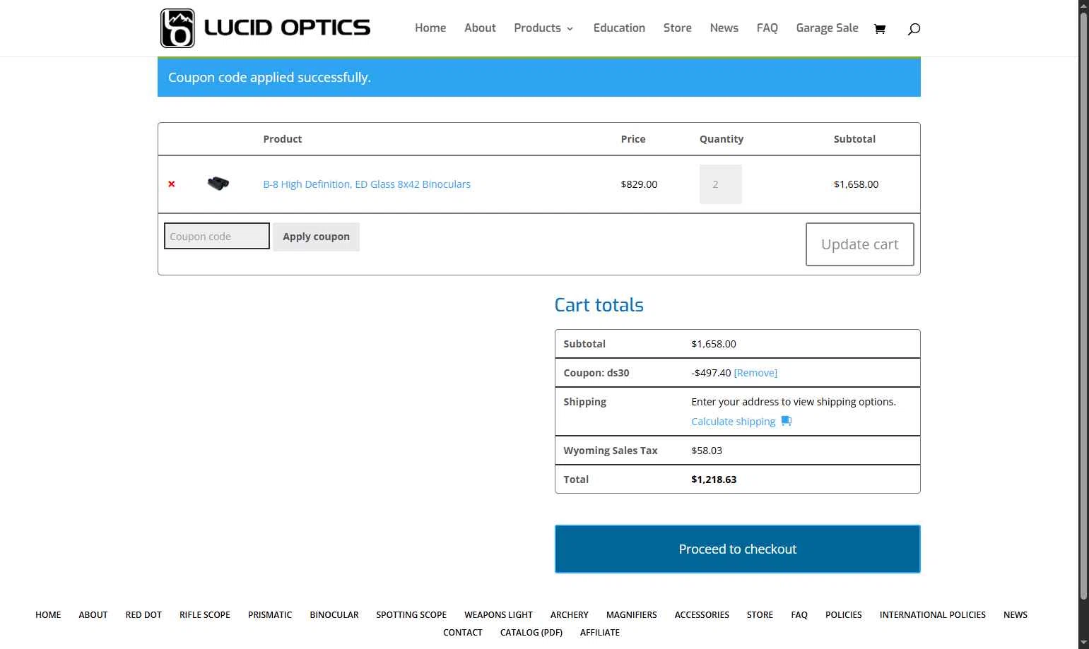 Lucid Optics checkout page showing Lucid Optics promo code box | Screenshot taken by SimplyCodes community member on Aug 12, 2025