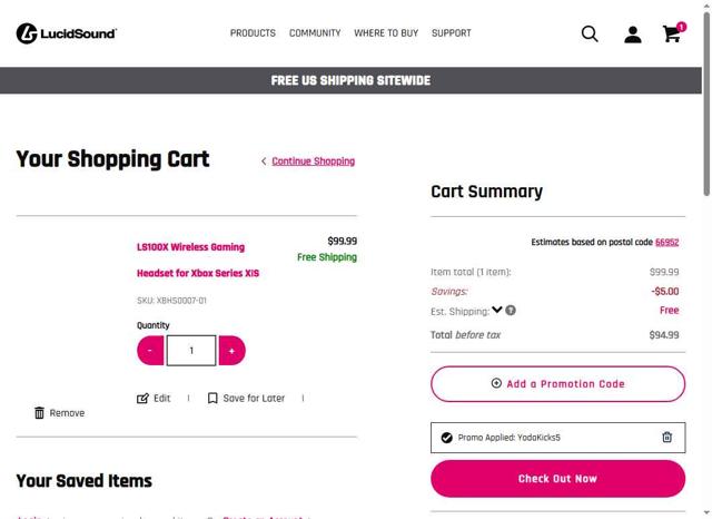 LucidSound checkout page showing LucidSound promo code box | Screenshot taken by SimplyCodes community member on Jul 11, 2025
