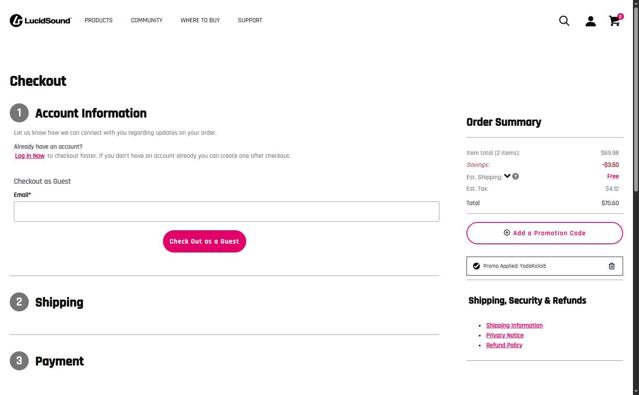 LucidSound checkout page showing LucidSound promo code box | Screenshot taken by SimplyCodes community member on Jul 11, 2025
