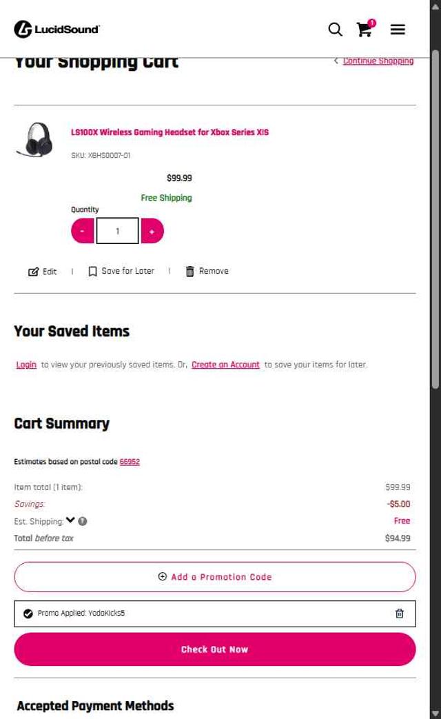 LucidSound checkout page showing LucidSound promo code box | Screenshot taken by SimplyCodes community member on Jul 11, 2025