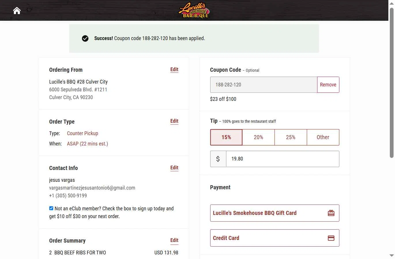 Lucille's Smokehouse BBQ checkout page showing Lucille's Smokehouse BBQ promo code box | Screenshot taken by SimplyCodes community member on Sep 24, 2025