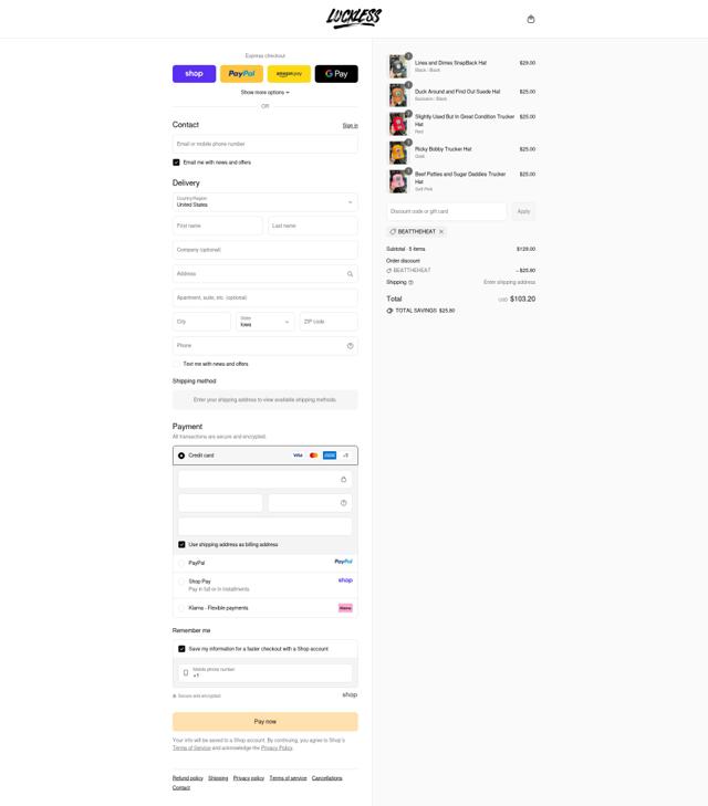 Luckless Outfitters checkout page showing Luckless Outfitters discount code box | Screenshot taken by SimplyCodes community member on Sep 12, 2025