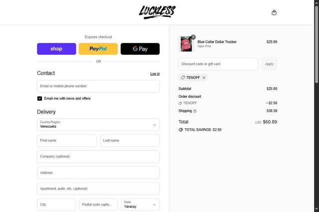 Luckless Outfitters checkout page showing Luckless Outfitters discount code box | Screenshot taken by SimplyCodes community member on Sep 8, 2025