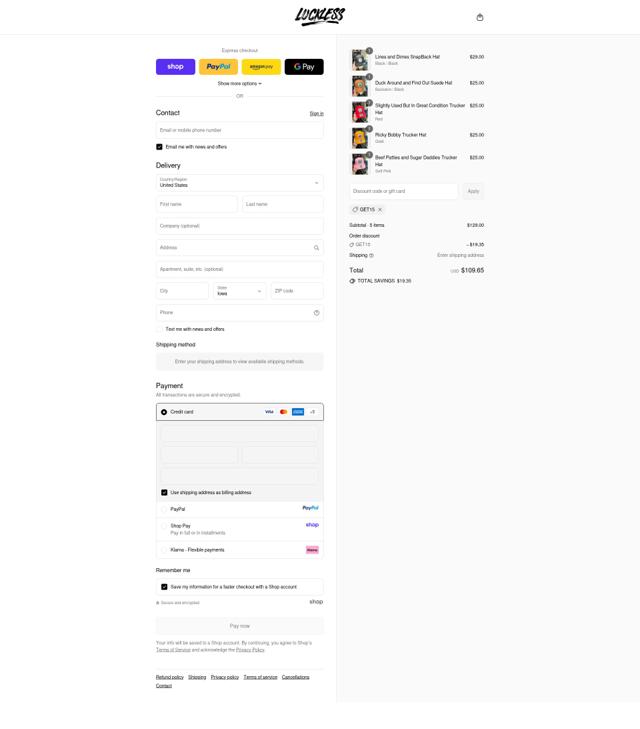 Luckless Outfitters checkout page showing Luckless Outfitters discount code box | Screenshot taken by SimplyCodes community member on Sep 12, 2025