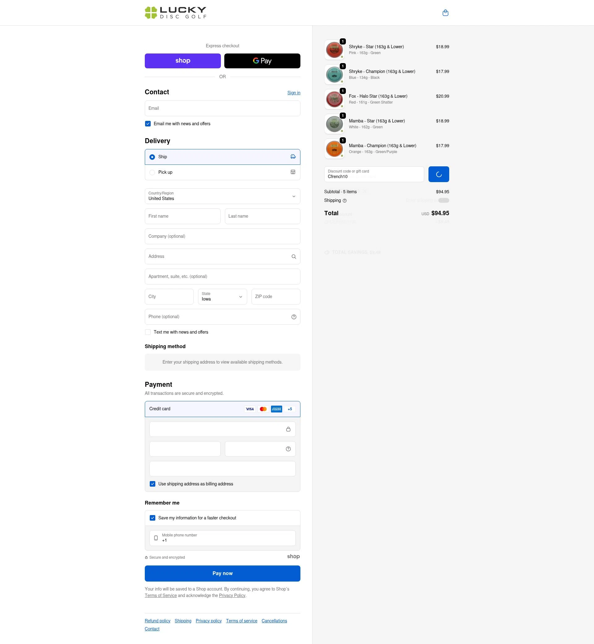 Lucky Disc Golf checkout page showing Lucky Disc Golf discount code box | Screenshot taken by SimplyCodes community member on Dec 29, 2025