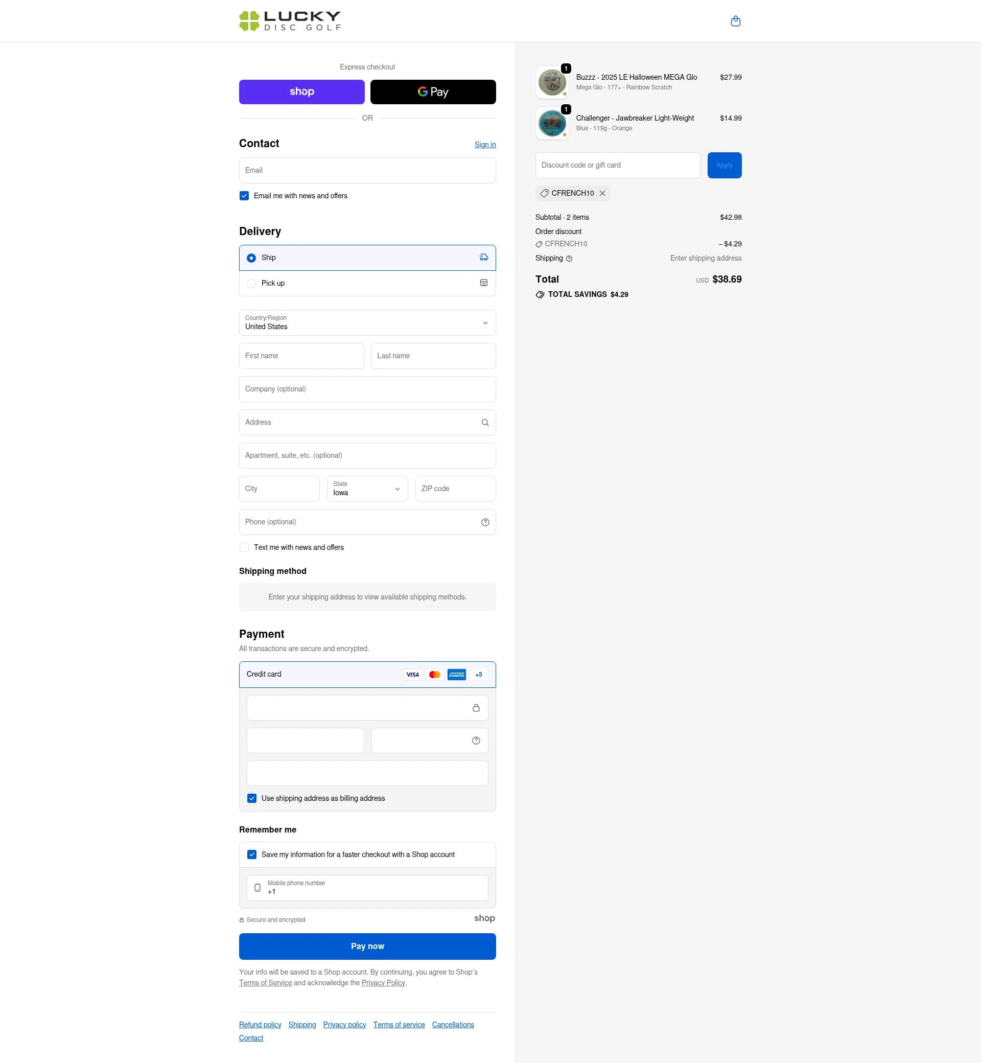 Lucky Disc Golf checkout page showing Lucky Disc Golf discount code box | Screenshot taken by SimplyCodes community member on Nov 3, 2025