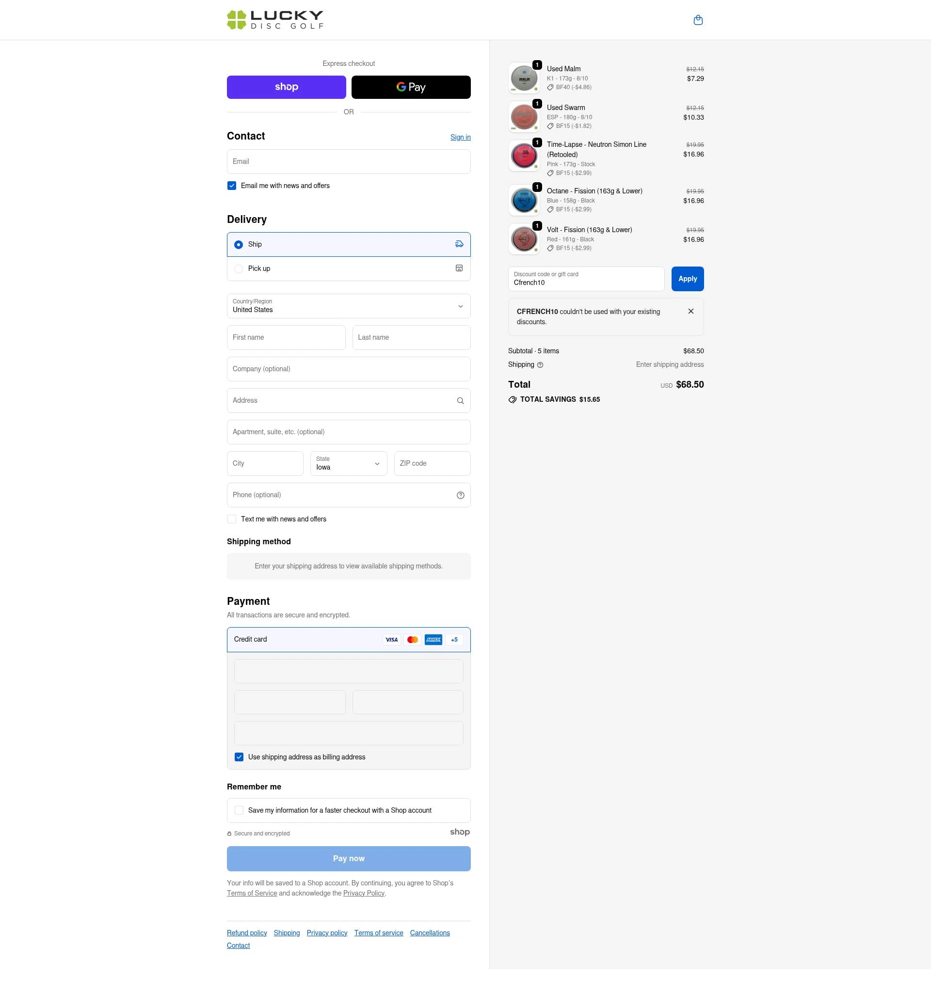 Lucky Disc Golf checkout page showing Lucky Disc Golf discount code box | Screenshot taken by SimplyCodes community member on Nov 30, 2025