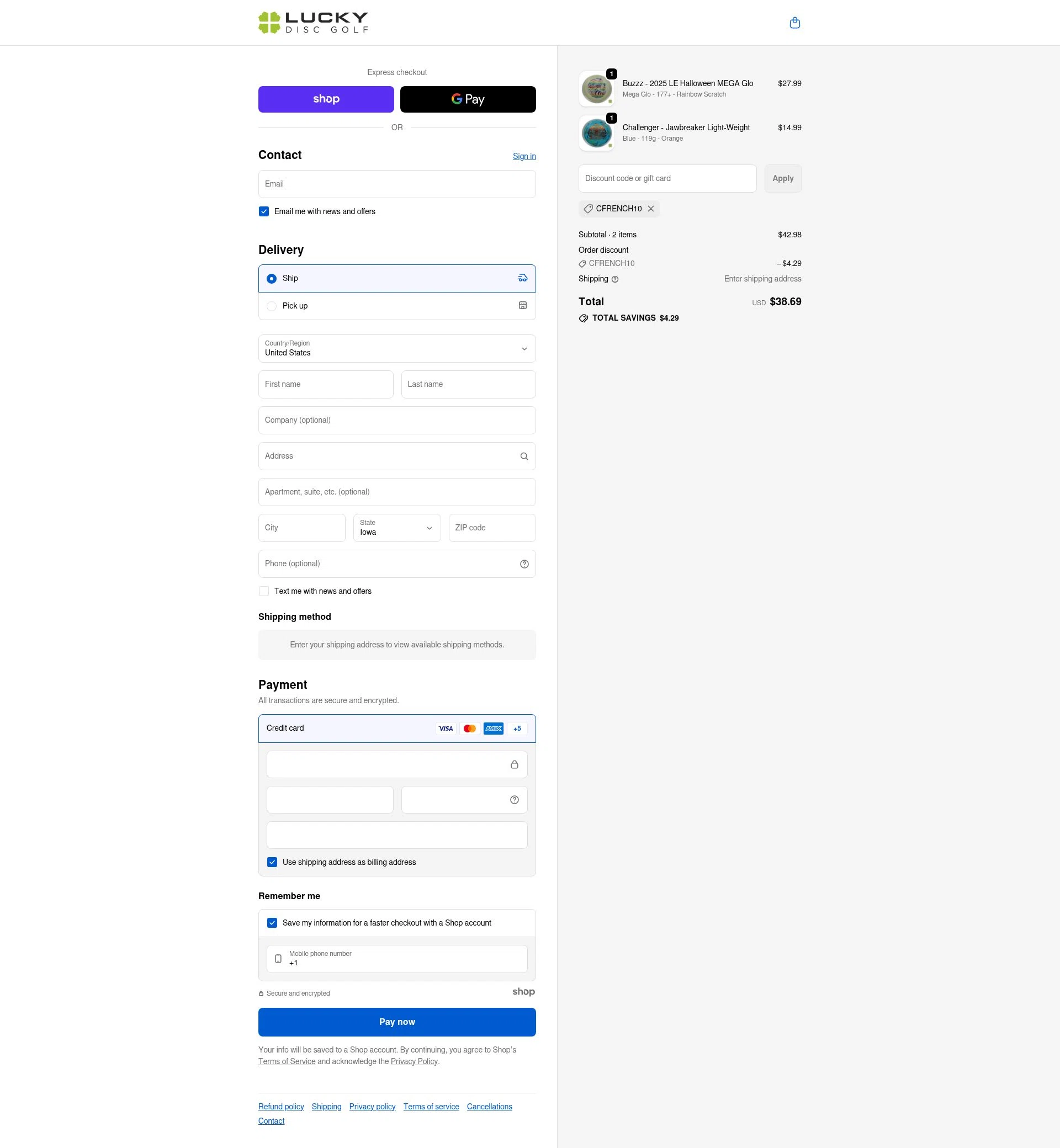 Lucky Disc Golf checkout page showing Lucky Disc Golf discount code box | Screenshot taken by SimplyCodes community member on Nov 9, 2025
