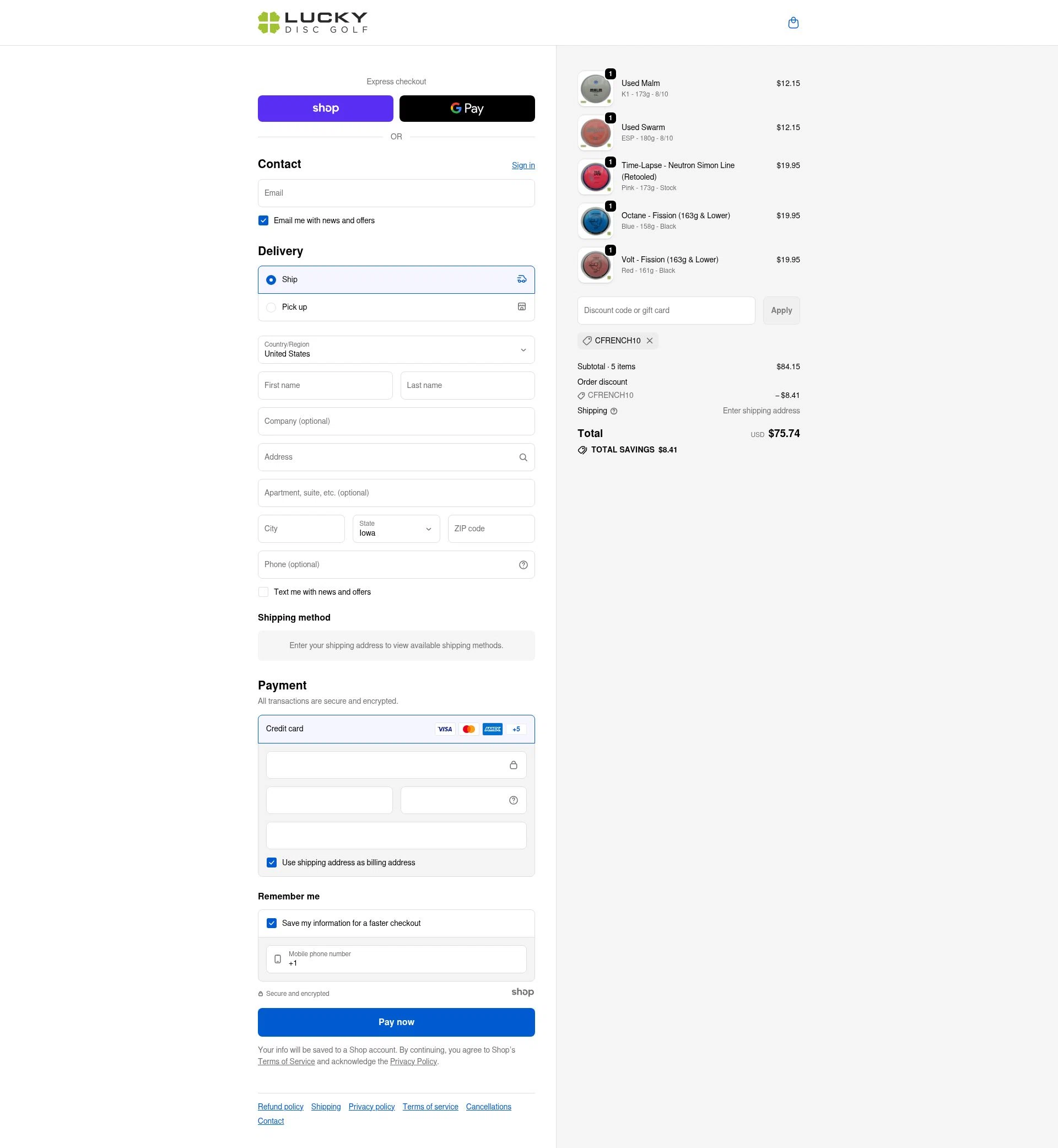 Lucky Disc Golf checkout page showing Lucky Disc Golf discount code box | Screenshot taken by SimplyCodes community member on Dec 24, 2025